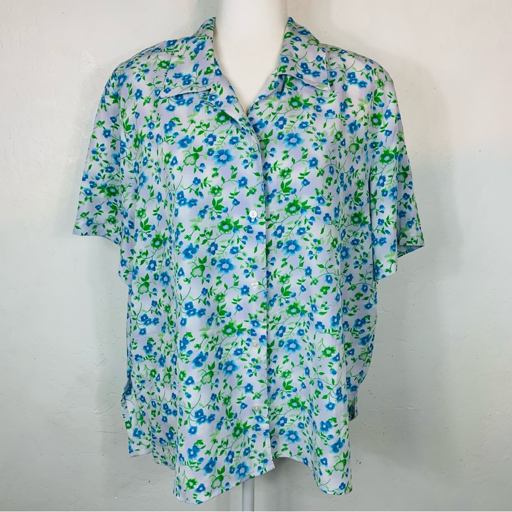 Y2K Voir Plus Size 20W Button Down Blouse Top Floral Green Blue White Casual